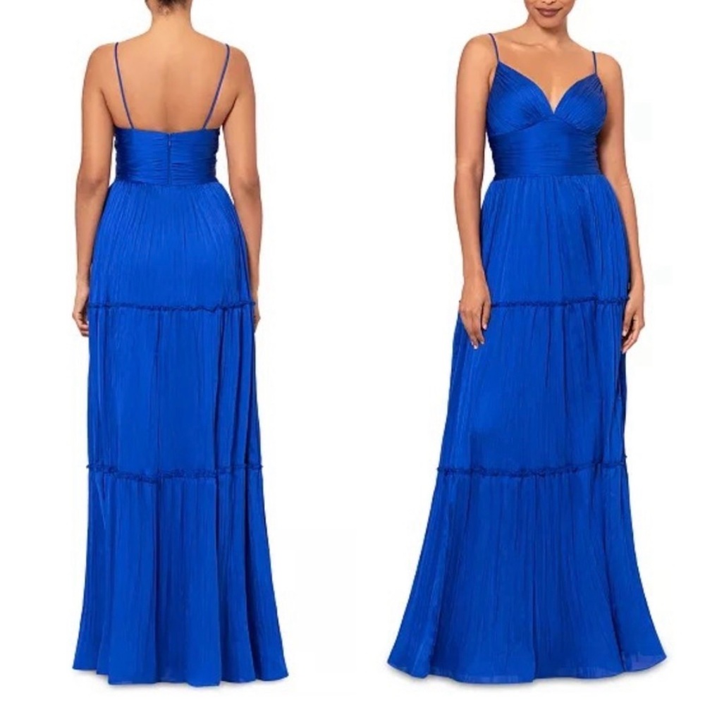 Betsy & Adam Blue Chiffon Formal Gown Size 2 Pleated Tiered Maxi Dress NWT